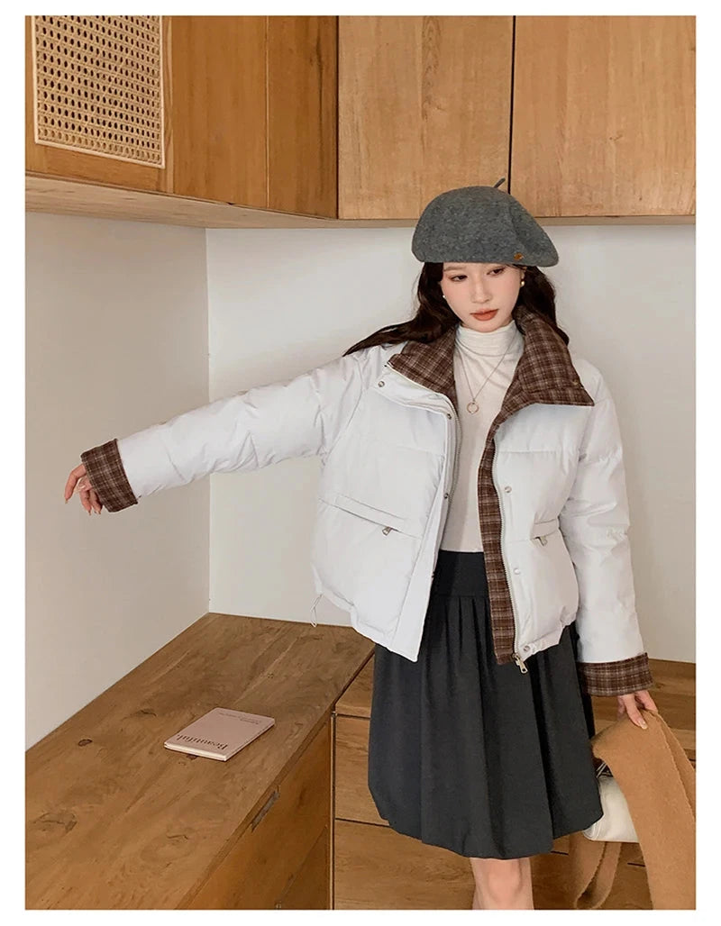 Winter Retro Puffy Parkas Women Warm Thick Plaid Patchwork Cute Coat Casual Preppy Style Korean Long Sleeve Cotton Jackets voguable