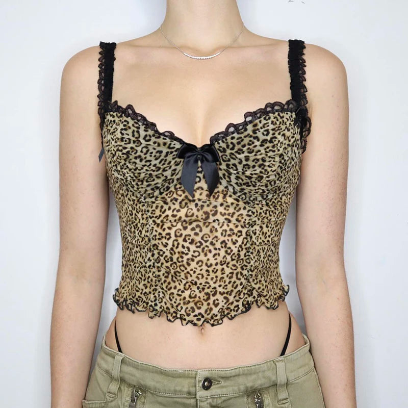 Voguable   Vintage Leopard Print Crop Top Sexy Contrast Color Bow Lace Patchwork Camis Sexy Night Party Club Wear Grunge Corset voguable