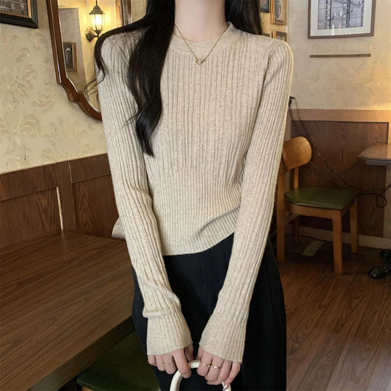 O Neck Knitted Sweater Women Korean Slim Long Sleeve Casual Crop Pullover Autumn Solid Simple All Match Sweater Female New voguable