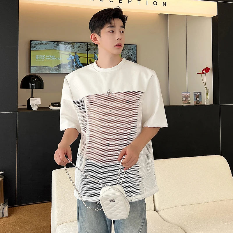 Voguable  Hollow Out Mesh Splicing Design T-shirt Short Sleeve Men's 2024 Summer Street High Quality Solid Color Trendy Tops voguable