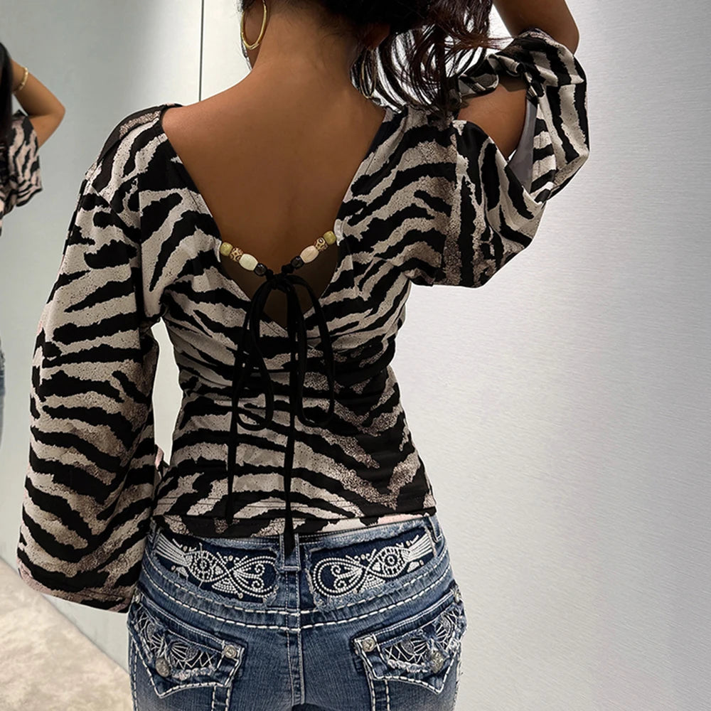 Voguable  Fashion Leopard Printing T-shirts Bead Halter Off Shouler V Neck Flare Sleeve Loose Fit Female Tie Up Sexy Ladies Tops Clothes voguable