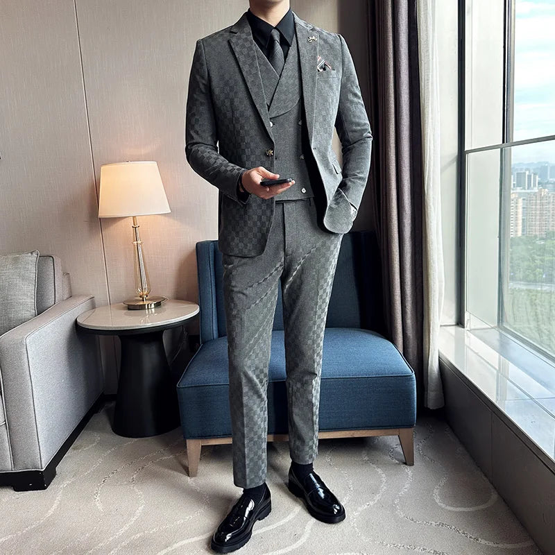 Voguable （Jacket+Vest+Pants）Classic Plaid Korean Slim-fit Men's High-end Banquet Dress Suit Fashion Men Formal Business Social Host Suit voguable