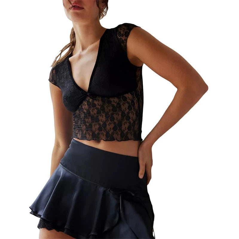 Sheer Crop Top 2000s Women Sexy See Through V Neck Sleeveless Floral Lace Tanks Slim Fit Vest y2k Aesthetic Clothing voguable