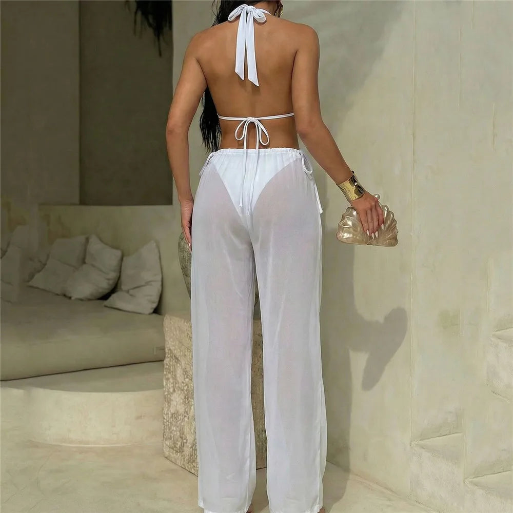 Voguable  Holiday Solid White Swimwear with Mesh Trousers Halter Bikinis Sets 3 Pieses Sexy Swimsuit Women Thong Bikini Beachwear voguable