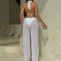 Voguable  Holiday Solid White Swimwear with Mesh Trousers Halter Bikinis Sets 3 Pieses Sexy Swimsuit Women Thong Bikini Beachwear voguable