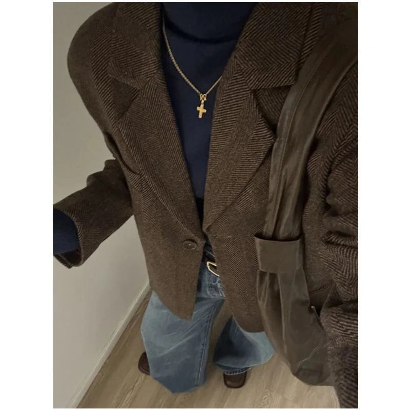 Retro Faux Woolen Blazer Coat Women Harajuku Long Sleeve Fall Winter Y2K Jacket Streetwear American Casual Lady Suit Coat voguable