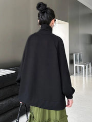 Loose Fit Black Zipper Irregular Sweatshirt New Turtleneck Long Sleeve Women Big Size Fashion Spring Autumn voguable