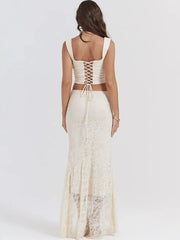 Oligai Elegant Wedding Guest Dress Women Lace Up 2 Piece Dress Set Beige Crop Top and Maxi Skirt Set Sexy Formal Event Dress voguable