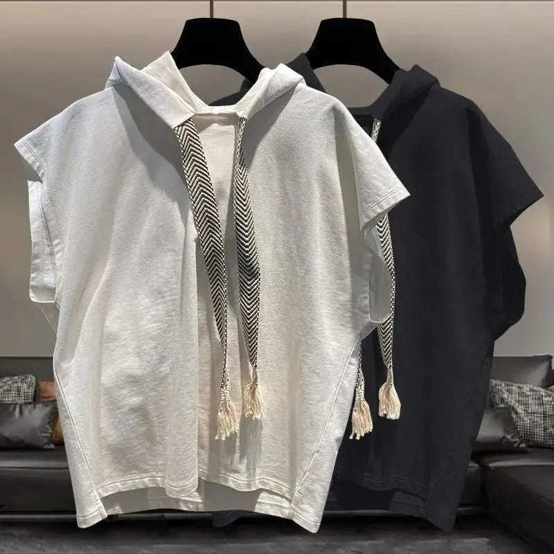 Voguable  Hooded Sleeveless T-shirt Men's Summer New Plus Size Solid Color Loose All-match Vest Tops Street Casual Fashion Men Clothing voguable