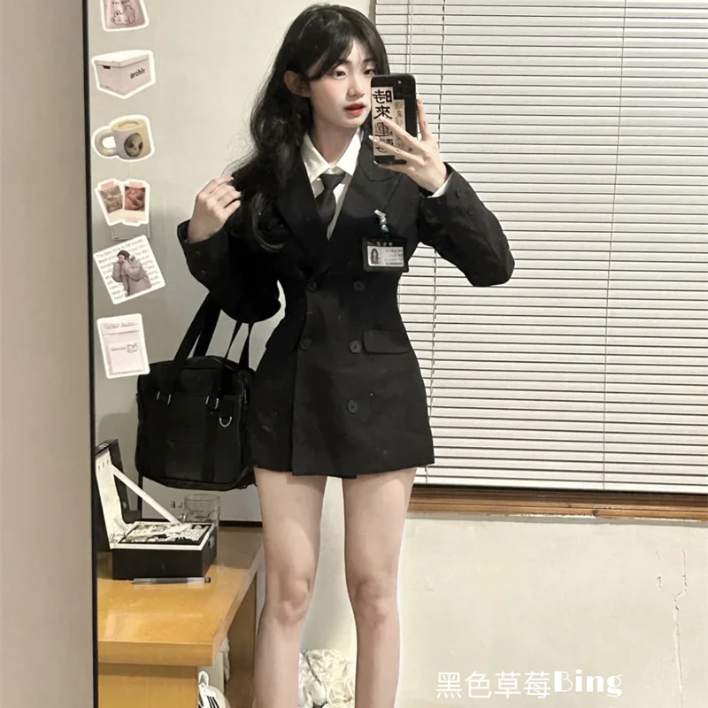 Voguable  Black Korean Two Piece Dress Set Women Casual Polo Blouse + Dress Coat Set Female Slim Vintage Elegant Dress Suit 2024 New voguable