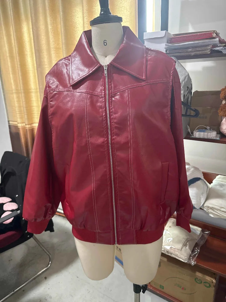 Women Wine Red Zipper Leather Jacket Casual Long Sleeve Lapel Cropped Coat Vintage Autumn Fashion Outerwear voguable