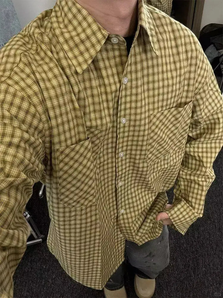 American Retro Yellow Plaid Shirt Men Women Spring and Autumn Korean Casual Loose Sun Protection Thin Couple Fashion Trend Shirt voguable
