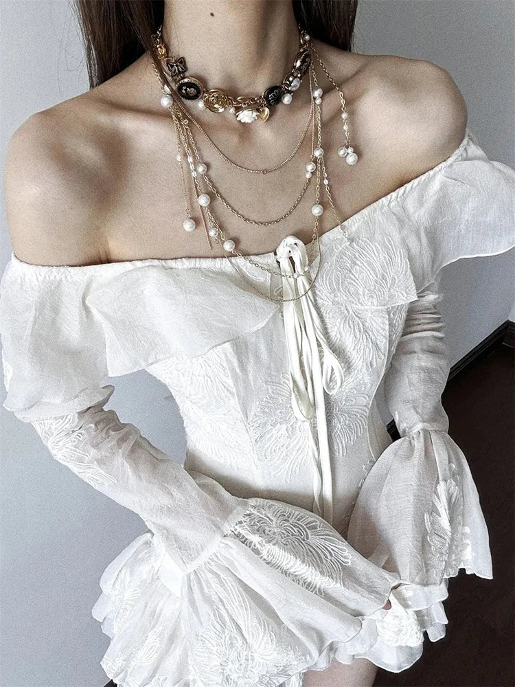 Sweet Ruffle Dress Women Y2K Sexy Off Shoulder Lace Up Long Sleeve Mini Dress Fashion Irregular Party Club Vestidos Mujer voguable