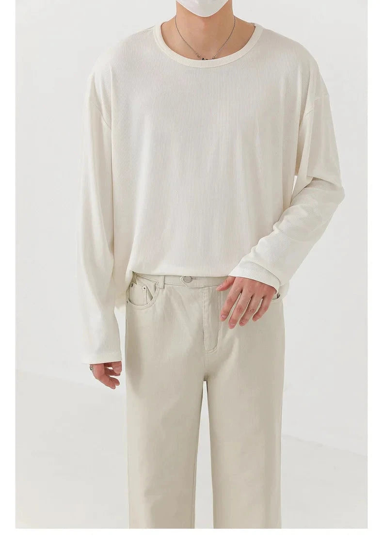 Korean Fashion Men T-shirt Luxury Knitted Solid Color Scoop Neck Long Sleeve Tees Casual Premium Quality Textured Knitwear M-3XL voguable