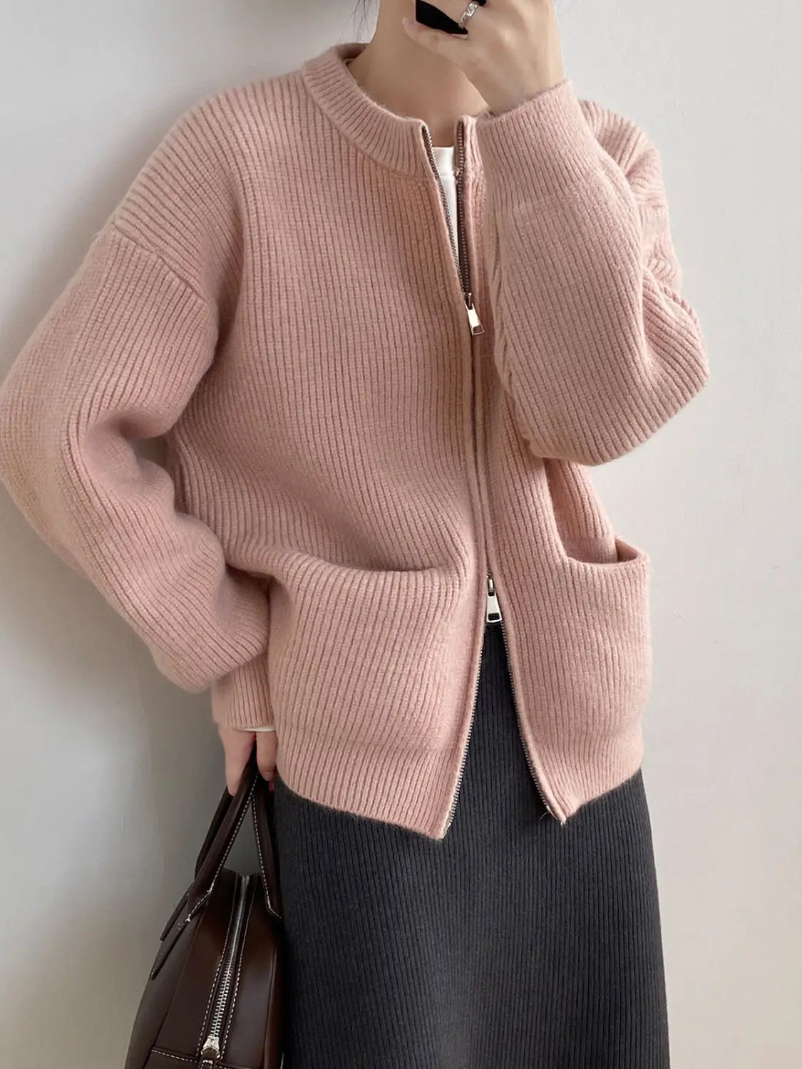 Sweater Cardigan Women Autumn Double Zipper Casual Korean Knitwear Coat Solid Color Loose Soft Long Sleeve Jackets Outerwear voguable