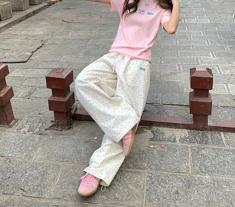 Stars Print Letter Cargo Pants Women Sweet Fashion High Waist Wide Leg Trousers Casual Loose Preppy Style Female Cute Pants voguable