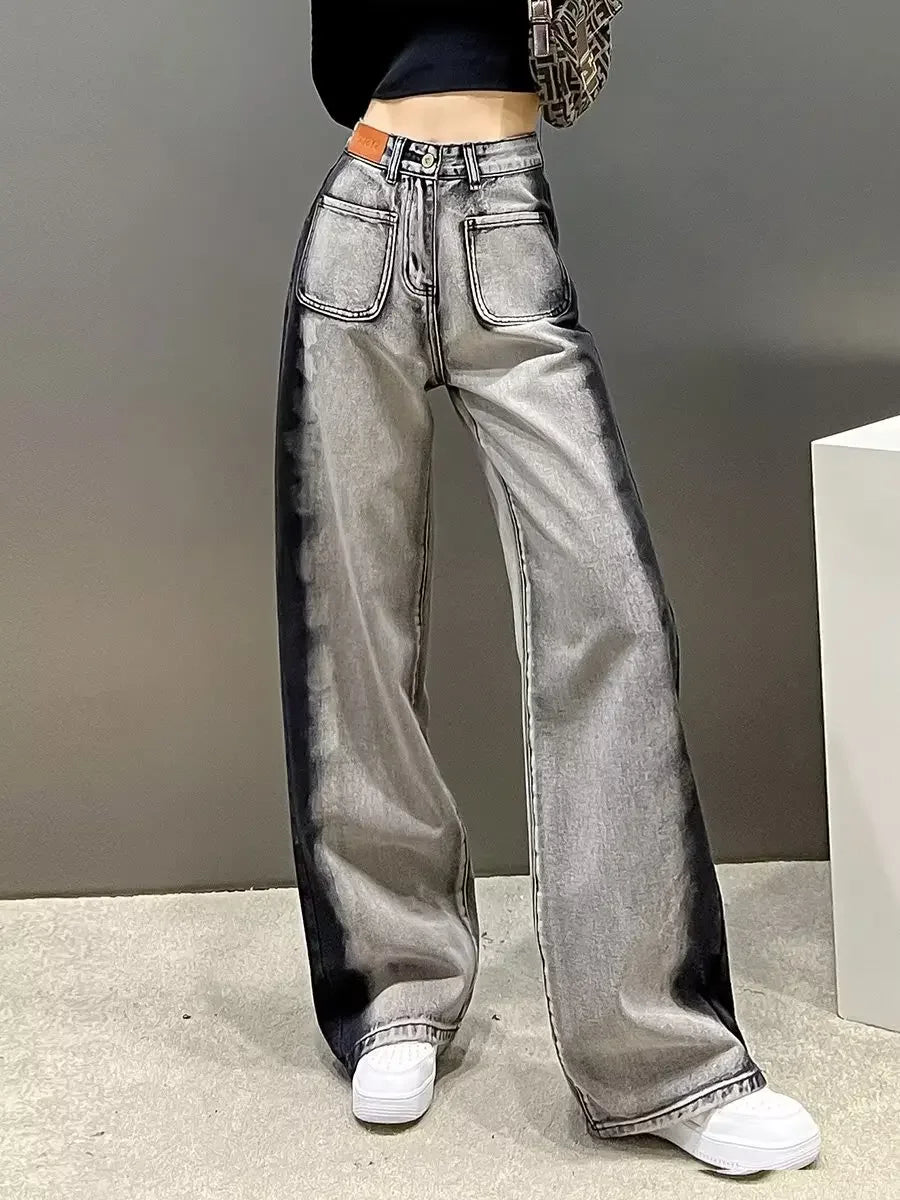 Black High-waisted Straight-leg Wide-leg Jeans Women's Trendy Slimming New Arrival Spring Summer Design Sensibility Grey voguable