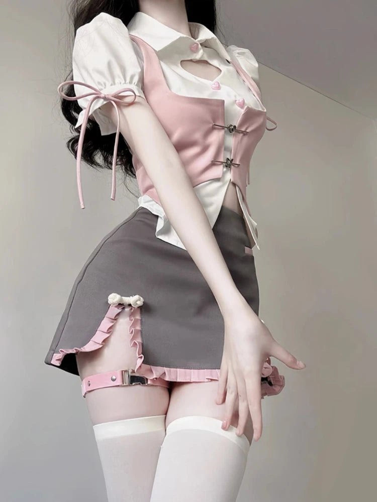 Voguable  Summer Fashion Y2k 3 Piece Sets Woman Casual Solid Shirt Slim Pink Vest High Waist Mini Skirt Sweet Japanese Suit Girl Chic voguable