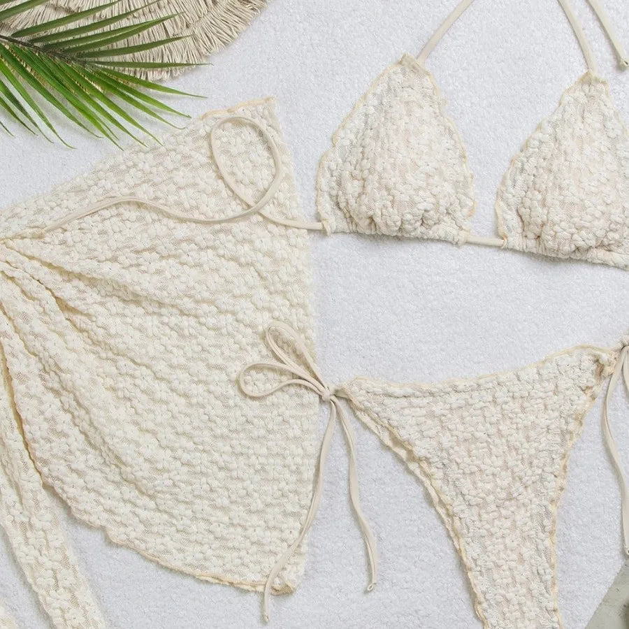 Voguable  3Pcs Lace Bikini Set with Sarong Cover Up Halter Bikinis Triangle Swimwear Women's Floral Textured Beachwear Bathing Suit voguable