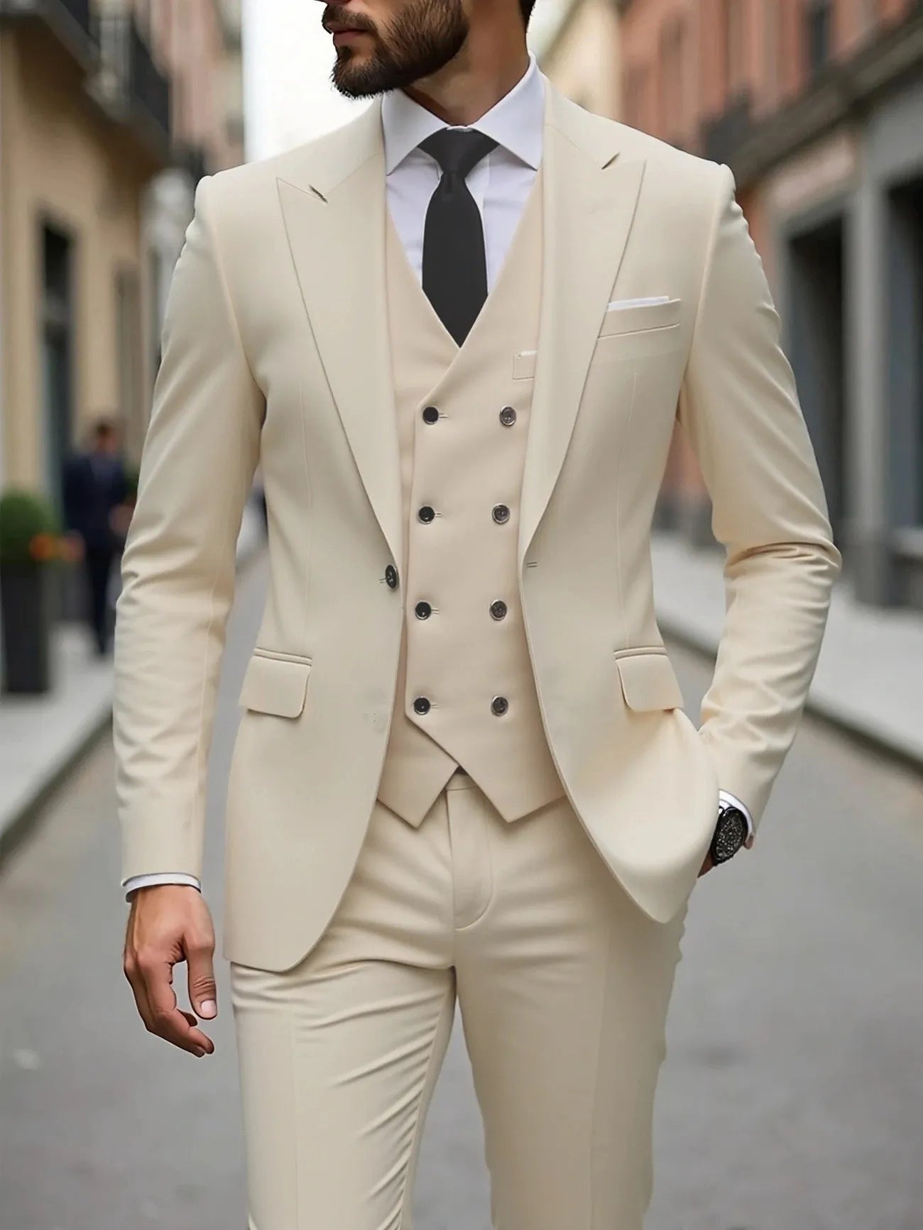 Voguable  Dark Grey High Quality Men Suits Slim Fit Single Breasted Peak Lapel Elegant Groom 3 Piece Jacket Pants Vest Male Sets voguable