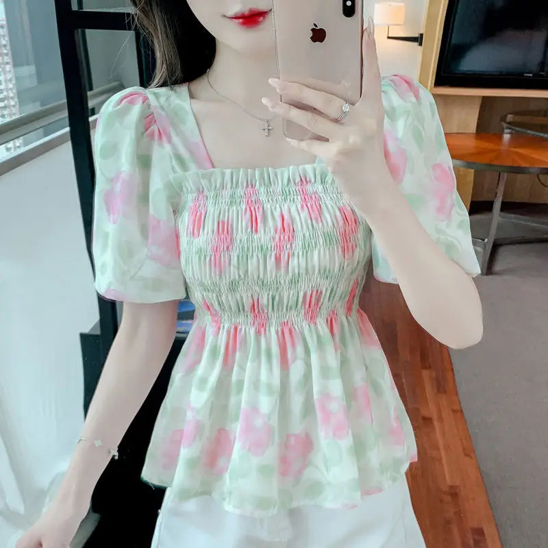 Voguable  Summer Square Collar Bubble Sleeve Floral Top voguable