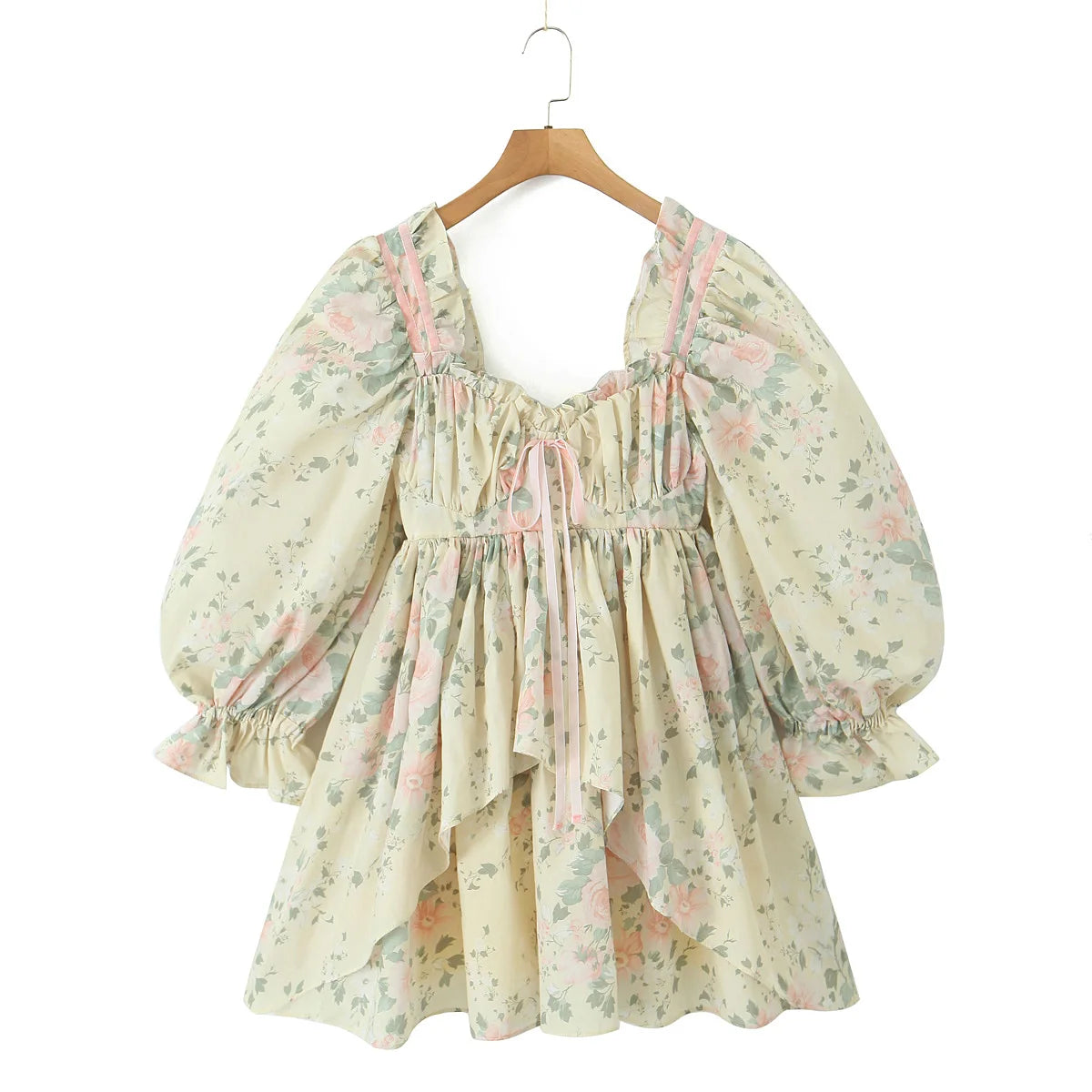 Voguable Princess Yellow Flower Print Bow Wood ears Square Collar Lantern Sleeve Dress Women Ruched Chest Ball Gown Swing Mini Robe Fairy voguable