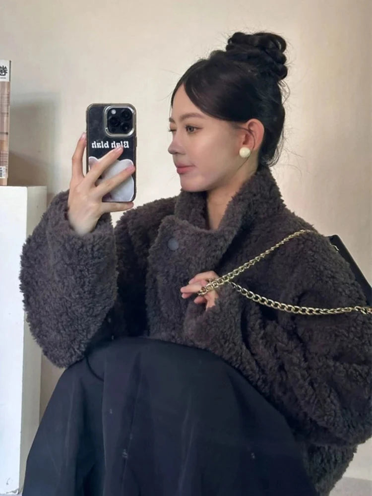 Japan Cute Faux Lamb Coat Women Loose Long Sleeve Winter Warm Retro Jacket Casual Stand Collar Preppy Style Pockets New Top voguable