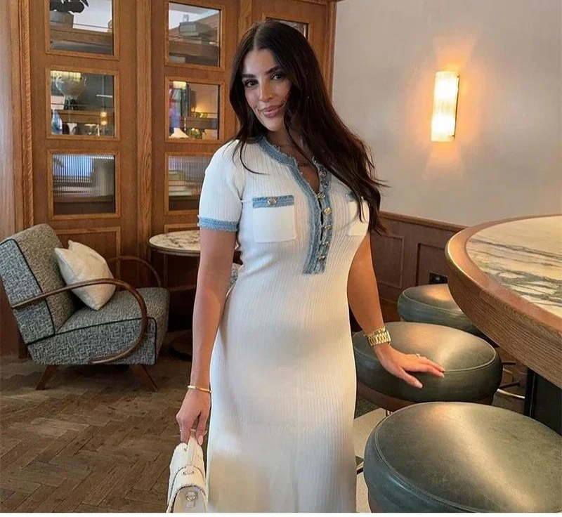Denim Patchwork Kinitting Fashion Long Dress Tight Single Breasted Chic White Women Dress Versatile Street Summer Spring Vestido voguable