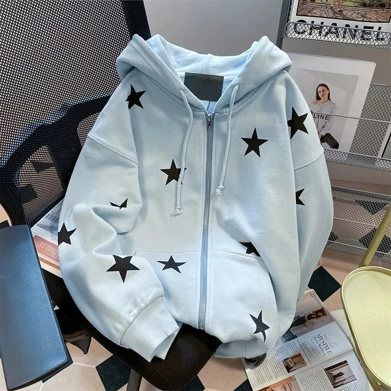 Stars Print Hoodies Women Vintage Streetwear Long Sleeve Loos Blue Sweatshirts Casual Pockets Lace Up American Fall Tops voguable