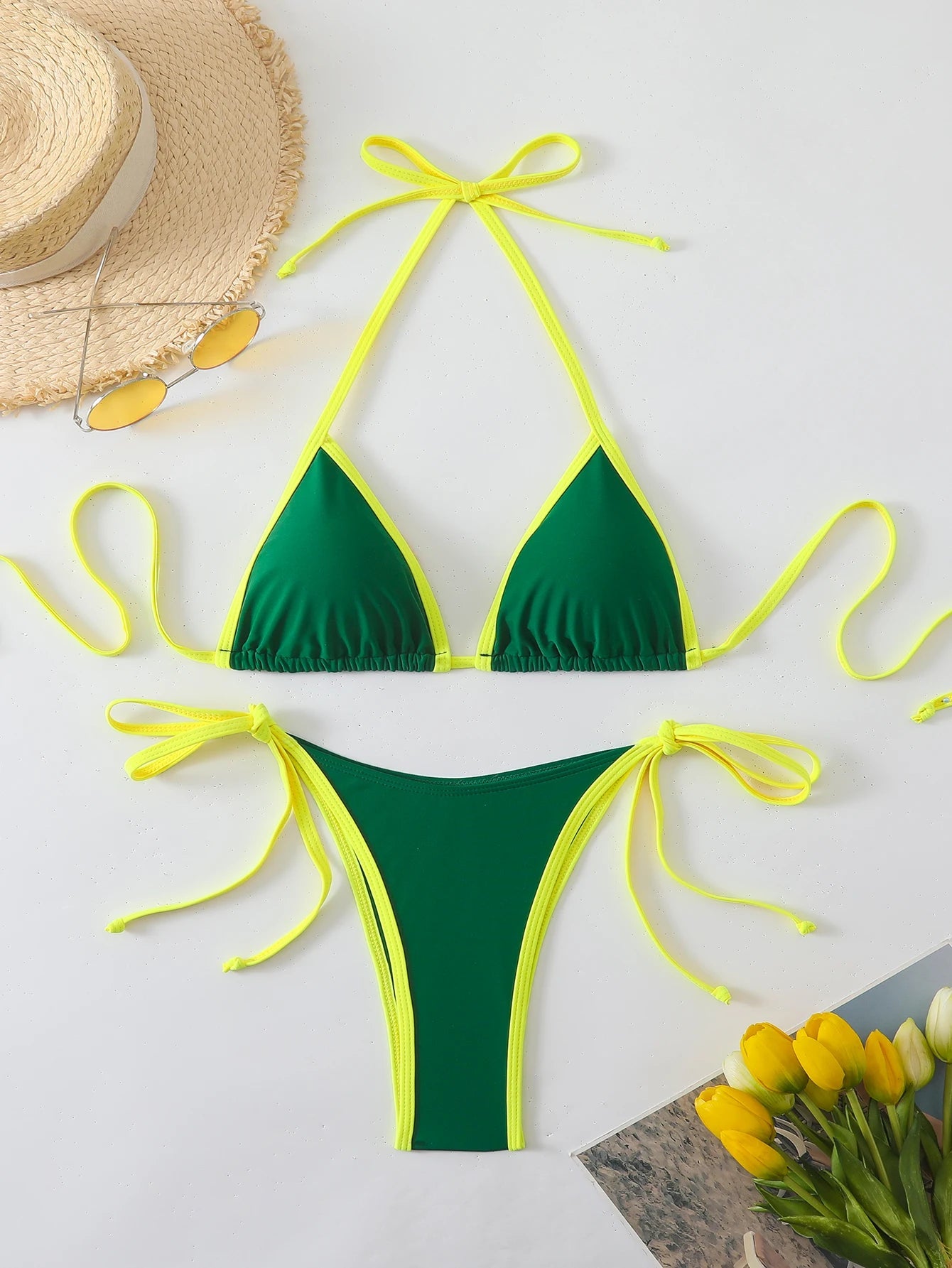 Voguable  Halter Triangle String Thong Bikinis Women Sexy Swimsuit Solid Brazilian Swimwear Female Bathers Bathing Swimming Swim Suit voguable
