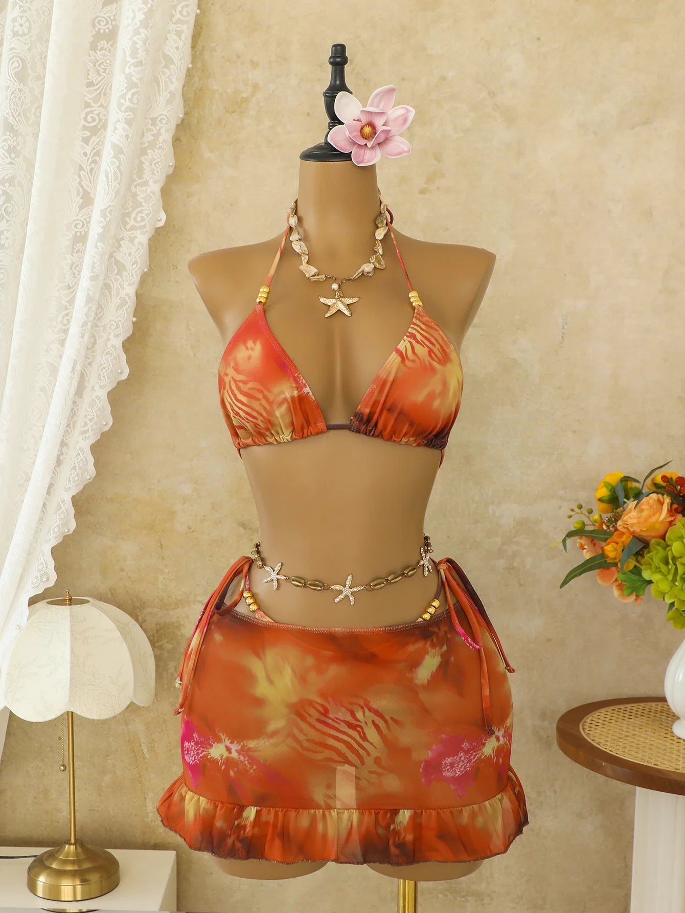 Voguable  Women Ombre Floral 3 Piece Bikini Set Bead Halter Triangle Top Side Tie Ruffle Hem Mesh Cover Up Skirt Beach Swimwear Bikinis voguable