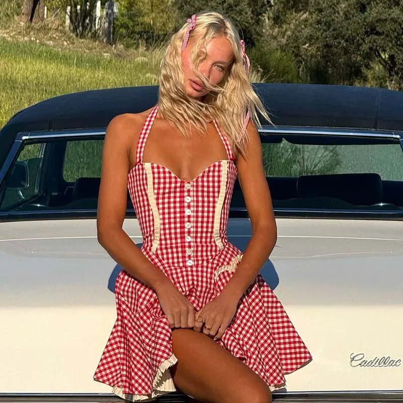 Cute Girl Red Plaid Halter Mini Dresses Women Front Button Pockets Sexy Backless  A-line Short Summer Dress Cotton Robe voguable