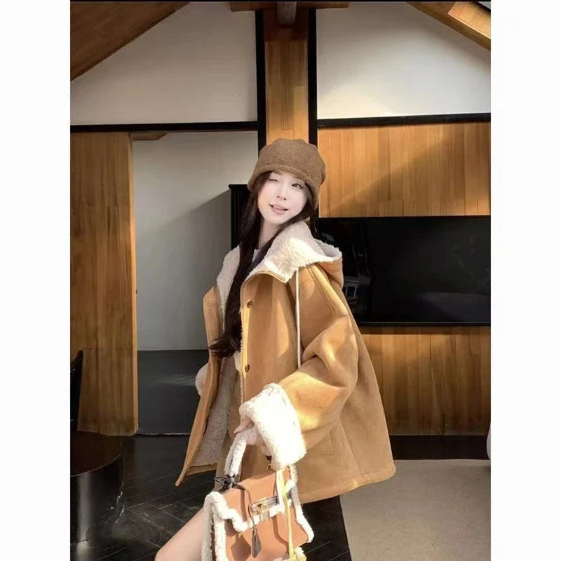 Y2K Streetwear Faux Lamb Suede Jacket Women Vintage Winter Long Sleeve Hooded Coat American Retro Loose Lady Pockets Warm Tops voguable