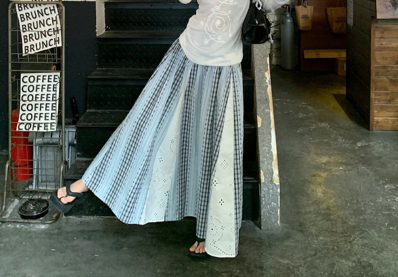Sweet Lace Patchwork Long Skirts Women Korean Loose High Waist Skirt Casual Design Striped Plaid Elegant Female Skirts New voguable