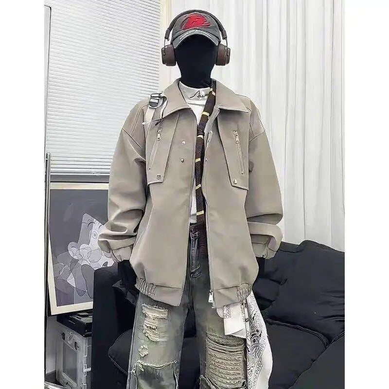 Mens Loose Fit Streetwear Jacket Hip hop Dance Lapel Collar Spring Fashion Trendy Youth Urban Outerwear Stylish Coat voguable