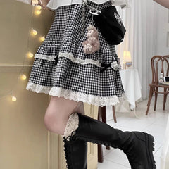 Kawaii Plaid Women Short Skirt Lolita Ruffle Japanese Style Lace Bow Mini Skirts Cutecore Sweet Pleated Preppy Skirt voguable
