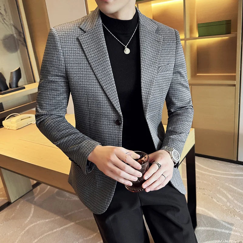 Voguable  Luxury and Fashionable Men's Suit Jacket Blazer Business Slim Fit Lapel Plaid Dress Suit Wedding Groom Tailcoat Suit Jacket4XL-M voguable