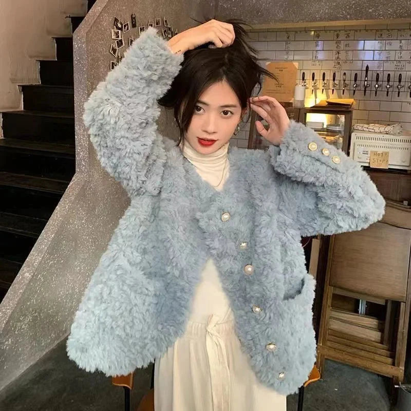 Women Sweet Cute Faux Lamb Coat Winter Warm Thick Slim Long Sleeve Vintage Jacket Korean O Neck Elegant Pearls Buttons Tops New voguable