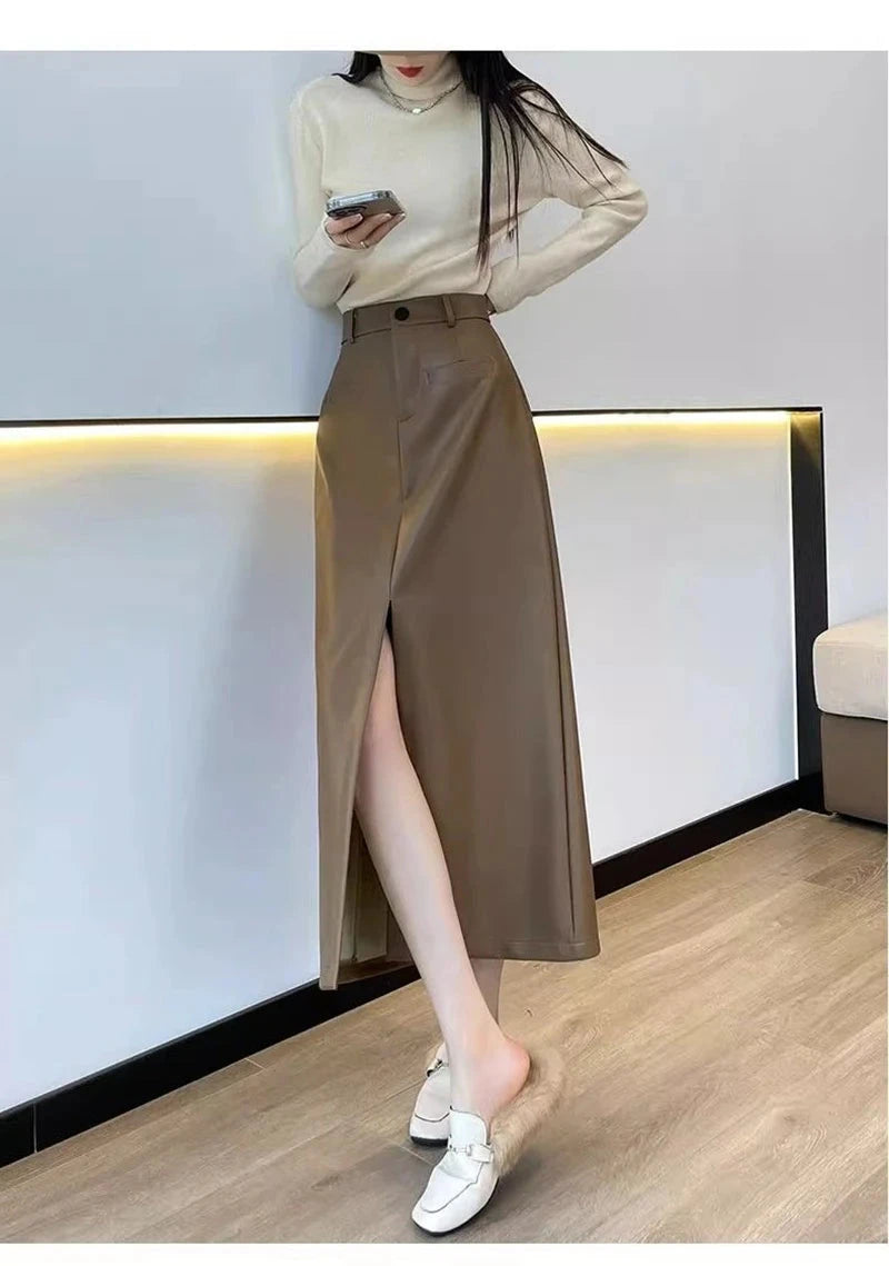 Sexy Slit Pu Long Skirt Women High Waist Slim Vintage Skirts Casual Fall Winter Lady Solid Retro American Streetwear Long Skirt voguable