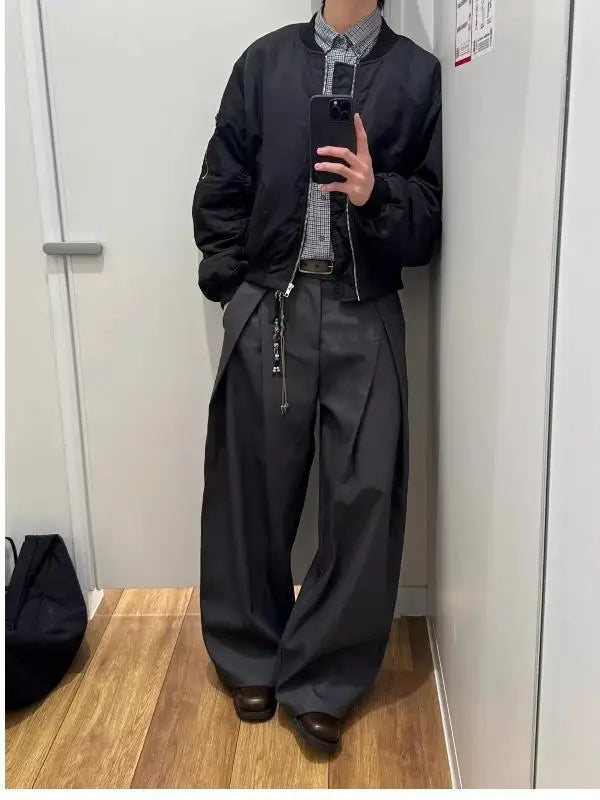 Voguable  Retro Korean Style Men's Casual Pants Knife Shape Drapey Design Pleated Loose Straight Leg Wide Leg Casual Pants voguable