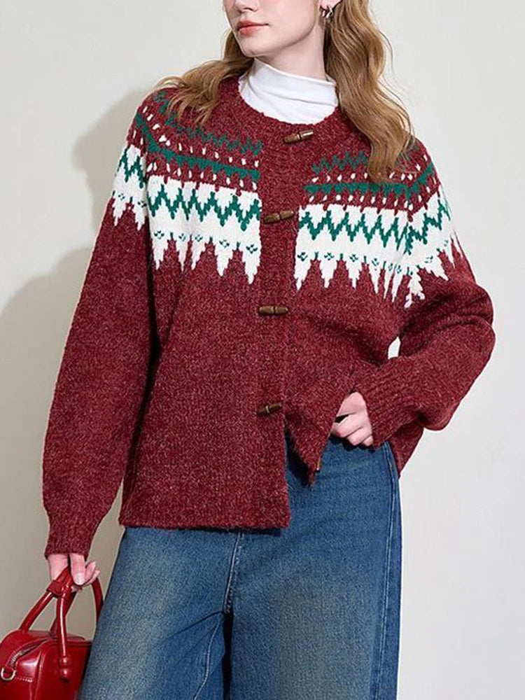 American Christmas Red Cardigan Women Vintage Lazy Wind Sweet Knitted Sweater Casual O Neck Long Sleeve Retro Harajuku Tops New voguable