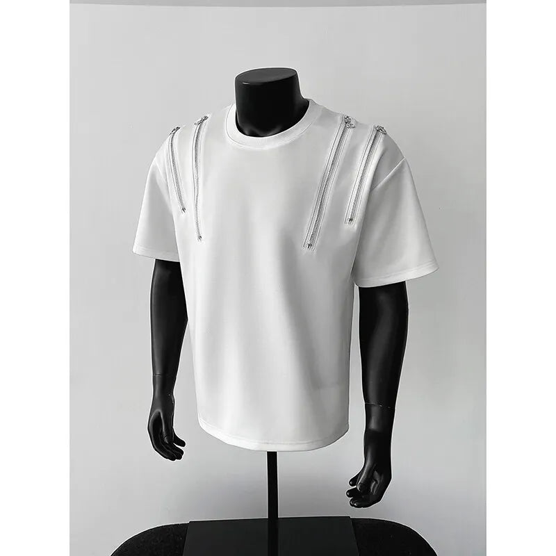 Tshirt men O Neck Zip Detail StreetweaR T-Shirt Trendy Urban Hip Hop Style Casual Tee Top Fashion Graphic Crewneck Slim Fit voguable