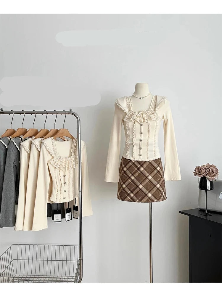 Autumn Women French Vintage Aesthetic Long Sleeve T-Shirts Mori Girl Lace Coquette Square Collar Crop Tops Maillard Fairy Core voguable