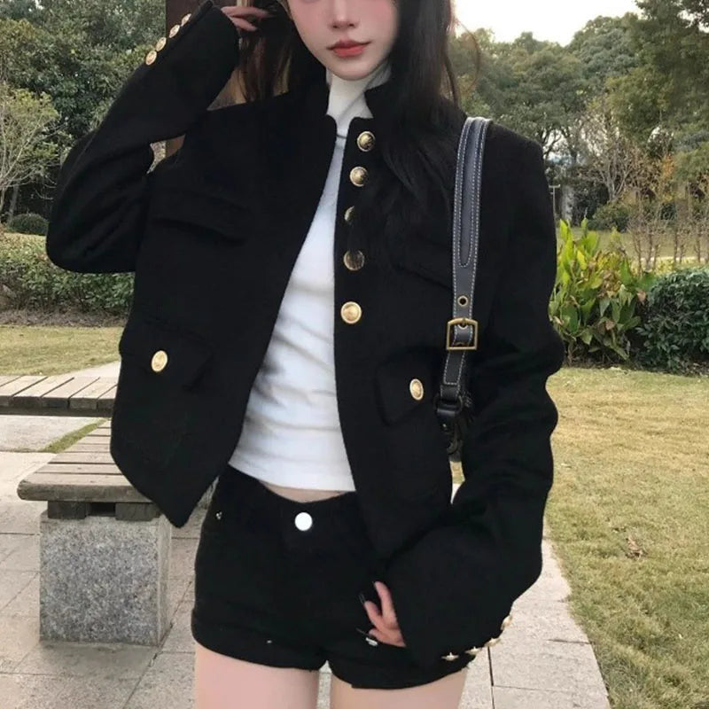 Voguable  American Retro Handsome Black Small Fragrant Style Short Coat Women Autumn New Casual Shoulder Jacket Top voguable