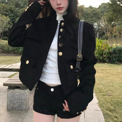 Voguable  American Retro Handsome Black Small Fragrant Style Short Coat Women Autumn New Casual Shoulder Jacket Top voguable