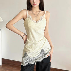 Lace Patchwork V-Neck Camis Women Y2K Summer Sexy Spaghetti Straps Sleeveless Tank Korean Fashion Irregular Female Vest voguable