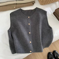Crew Neck Women's Korean Solid Button Short Sleeve Cardigan Coats Sweater Knitted Sleeveless Ladies Elegant Tanks Bottoming voguable