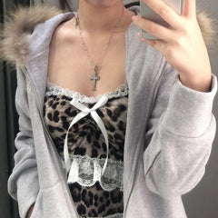 Voguable  Y2K Leopard Print Lace Ruffle Patchwork Camis Brown Coquette Aesthetic Slim-fit Bow Tank Tops Cute Fairycore Vest Cute voguable