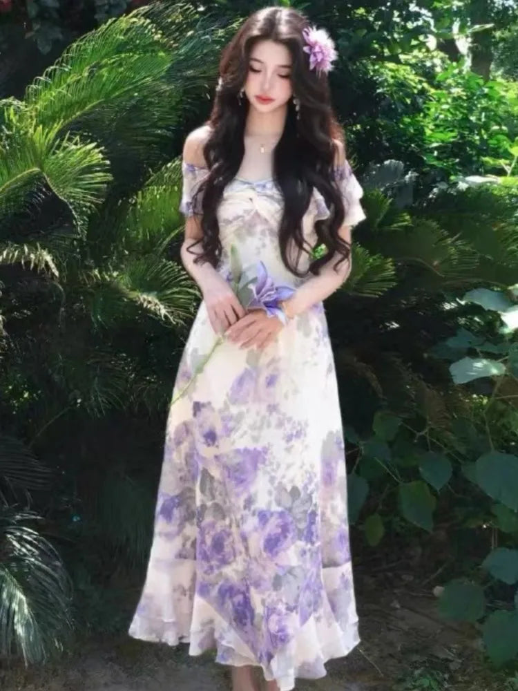 Summer 2025 New Vingeta Printing Dress For Woman Slash-Neck Ruffles Slim Waist Long Dresses Sexy Fashion Holiday Casual Vestidos voguable