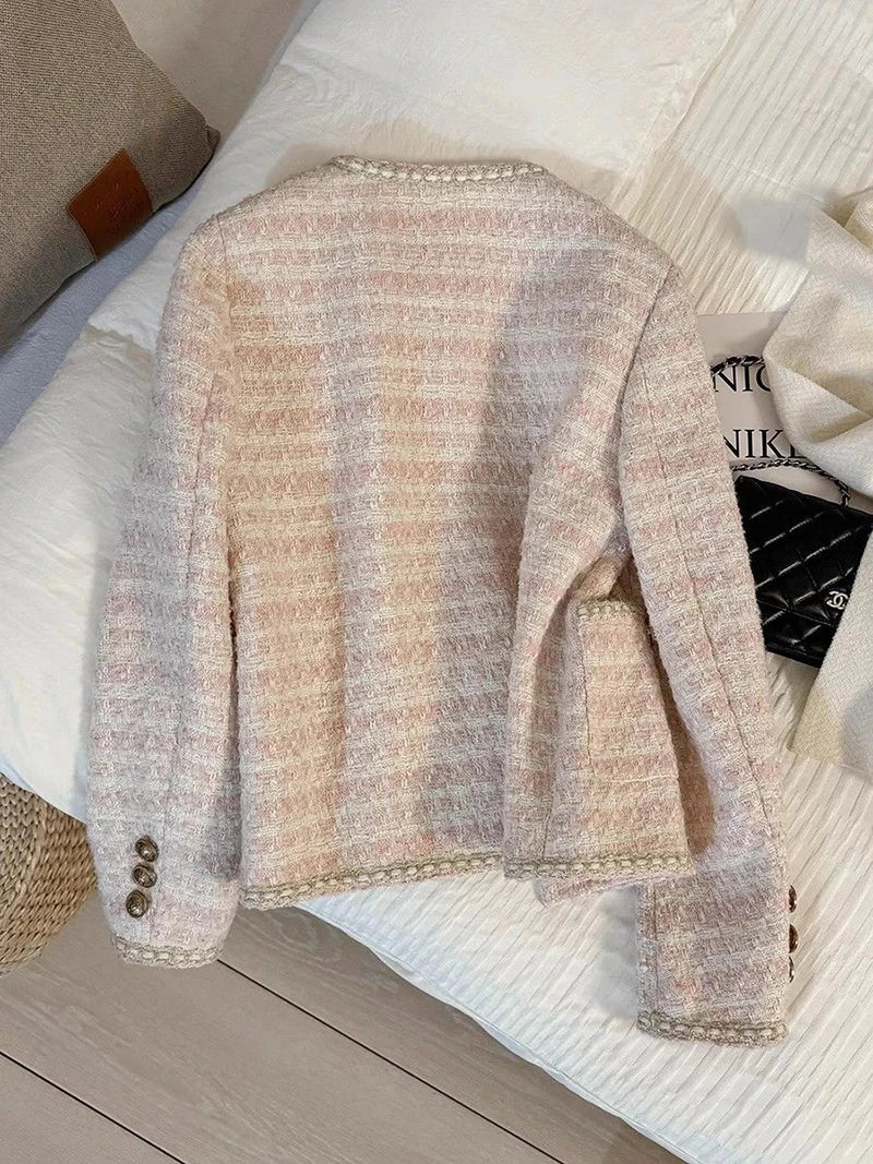 Pink Women Sweet Tweed Jacket Vintage Long Sleeve Slim O Neck Coat Korean Fall Winter Retro Small Fragrance Elegant Tops voguable